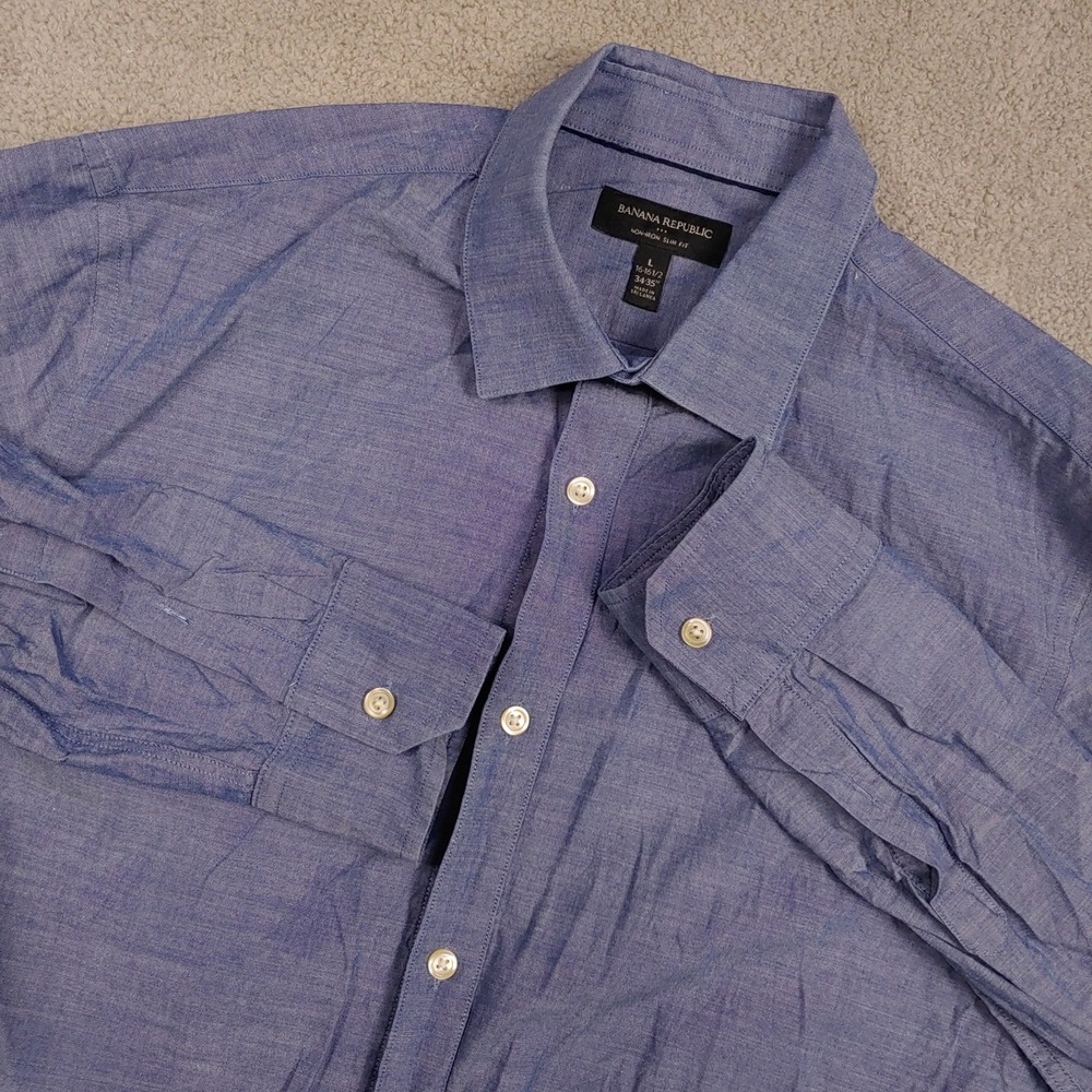 Banana Republic Non-Iron Slim Fit Chambray Shirt - Men L Blue Long Sleeve Button
